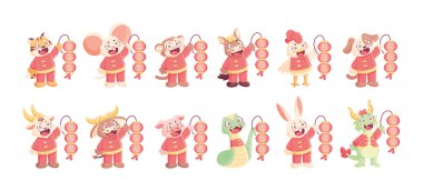 Üzerinde Çin burcu işareti olan değişik hayvan karikatürleri.