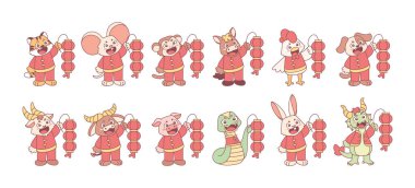 Üzerinde Çin burcu işareti olan değişik hayvan karikatürleri.