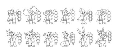 Üzerinde Çin burcu işareti olan değişik hayvan karikatürleri.