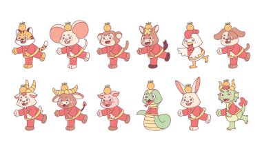 Üzerinde Çin burcu işareti olan değişik hayvan karikatürleri.