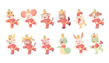 Üzerinde Çin burcu işareti olan değişik hayvan karikatürleri.