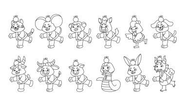 Üzerinde Çin burcu işareti olan değişik hayvan karikatürleri.