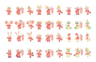 Üzerinde Çin burcu işareti olan değişik hayvan karikatürleri.