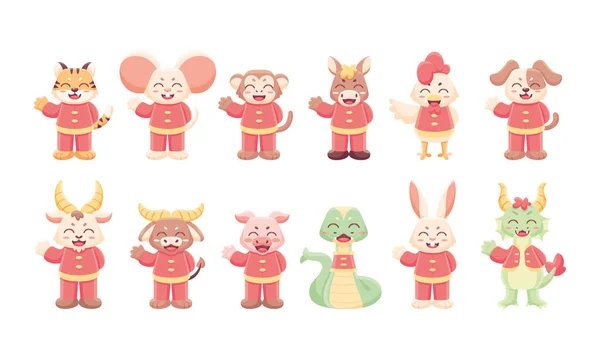 Conjunto de diferentes dibujos animados de animales con ropa Signo del zodíaco chino Vector — Vector de stock