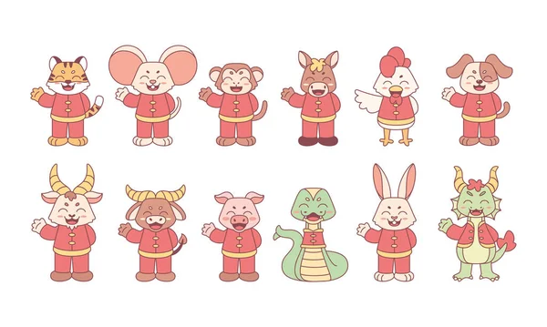 一套不同的带有衣服的动物漫画中国黄道带符号向量 — 图库矢量图片