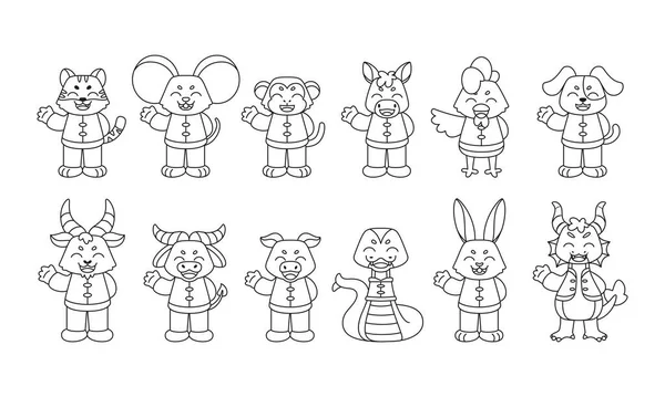Üzerinde Çin burcu işareti olan değişik hayvan karikatürleri.