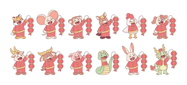 Ensemble de différents dessins animaliers avec des vêtements signe du zodiaque chinois vecteur — Image vectorielle