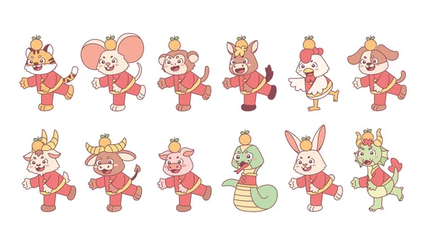Set di diversi cartoni animati con vestiti segno zodiacale cinese vettoriale — Vettoriale Stock