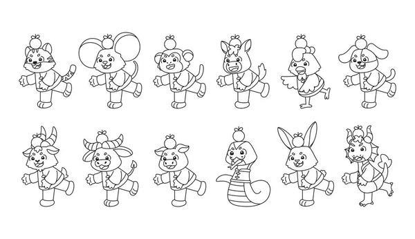 Üzerinde Çin burcu işareti olan değişik hayvan karikatürleri.