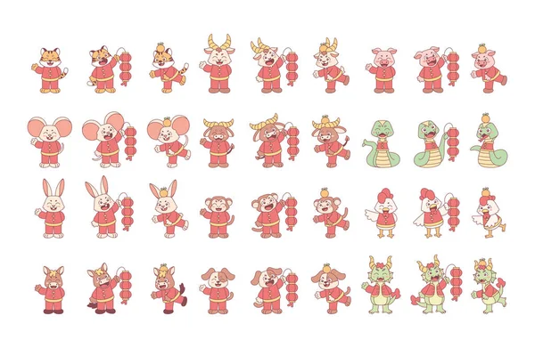 Conjunto de diferentes dibujos animados de animales con ropa Signo del zodíaco chino Vector — Archivo Imágenes Vectoriales