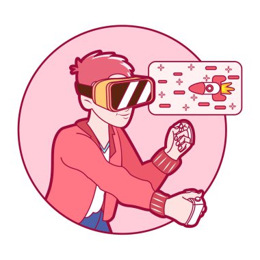 Genç adam Sanal gerçeklik gözlükleri Oyun simülatörü Vektörü