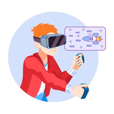 Genç adam Sanal gerçeklik gözlükleri Oyun simülatörü Vektörü