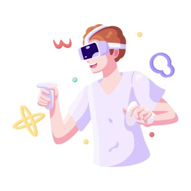 Genç adam Sanal gerçeklik gözlükleri Oyun simülatörü Vektörü