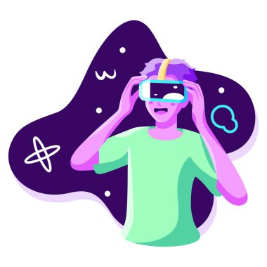 Genç adam Sanal gerçeklik gözlükleri Oyun simülatörü Vektörü