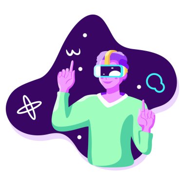 Genç adam Sanal gerçeklik gözlükleri Oyun simülatörü Vektörü