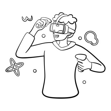 Genç adam Sanal gerçeklik gözlükleri Oyun simülatörü Vektörü