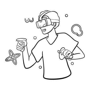 Genç adam Sanal gerçeklik gözlükleri Oyun simülatörü Vektörü