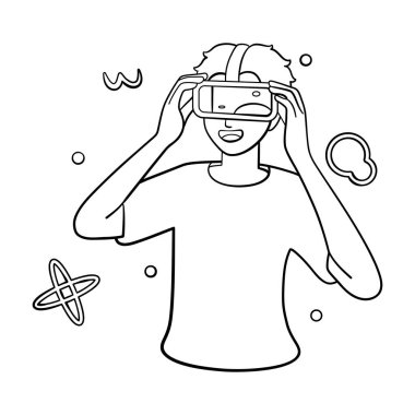 Genç adam Sanal gerçeklik gözlükleri Oyun simülatörü Vektörü