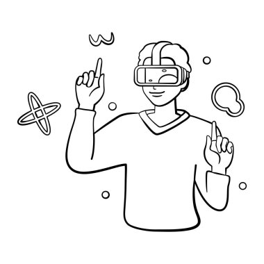 Genç adam Sanal gerçeklik gözlükleri Oyun simülatörü Vektörü