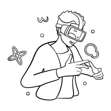 Genç adam Sanal gerçeklik gözlükleri Oyun simülatörü Vektörü