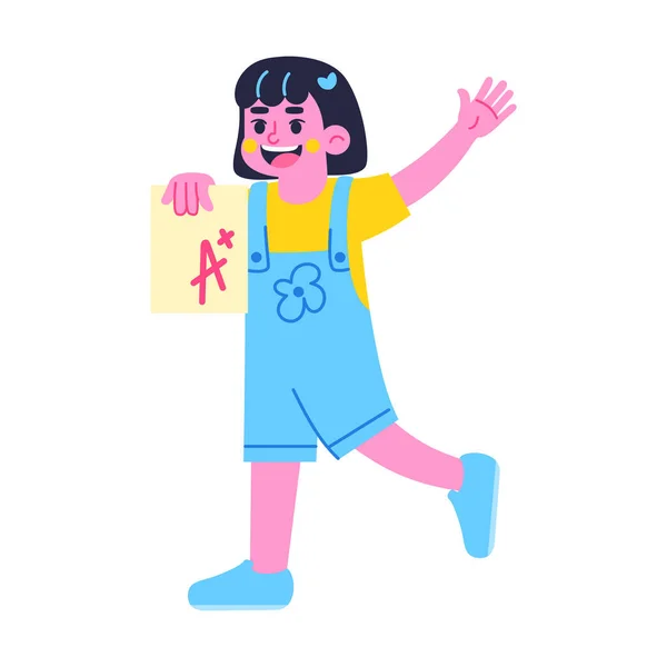 Chica feliz personaje sosteniendo una prueba Volver a la escuela Vector — Vector de stock