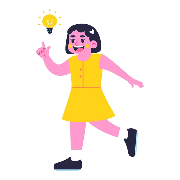Glückliche Mädchenfigur mit Glühbirne — Stockvektor
