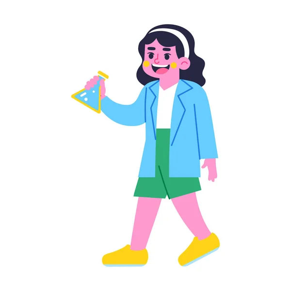 Chica feliz personaje con una botella de química Volver a la escuela Vector — Archivo Imágenes Vectoriales