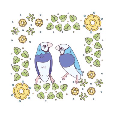 Çiçek çerçeveli bir taşıyıcıda izole edilmiş şirin kuşlar.