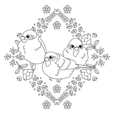 Çiçek çerçeveli bir taşıyıcıda izole edilmiş şirin kuşlar.