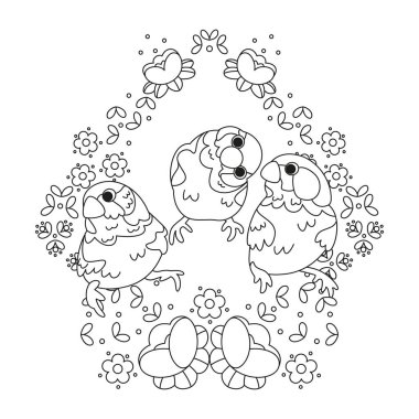 Çiçek çerçeveli bir taşıyıcıda izole edilmiş şirin kuşlar.