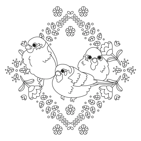 Çiçek çerçeveli bir taşıyıcıda izole edilmiş şirin kuşlar.