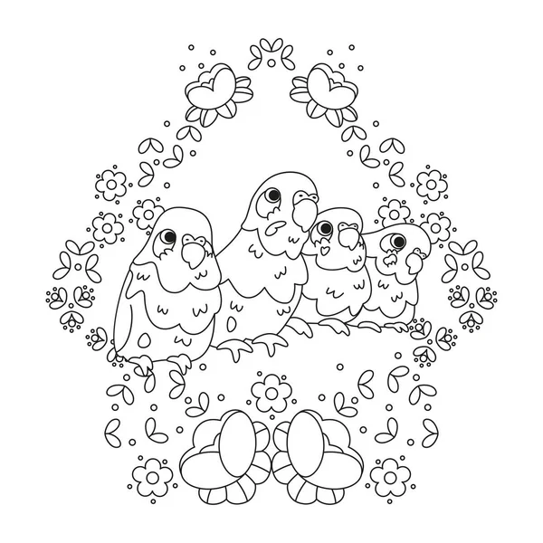 Oiseaux mignons isolés dans un cadre floral vecteur — Image vectorielle