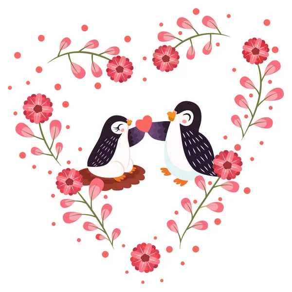 Geïsoleerde schattige vogels in liefde Bloemen frame Vector — Stockvector