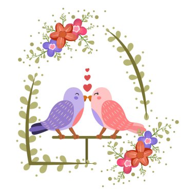 Aşık tatlı kuşlar. Çiçek çerçeveli taşıyıcı.