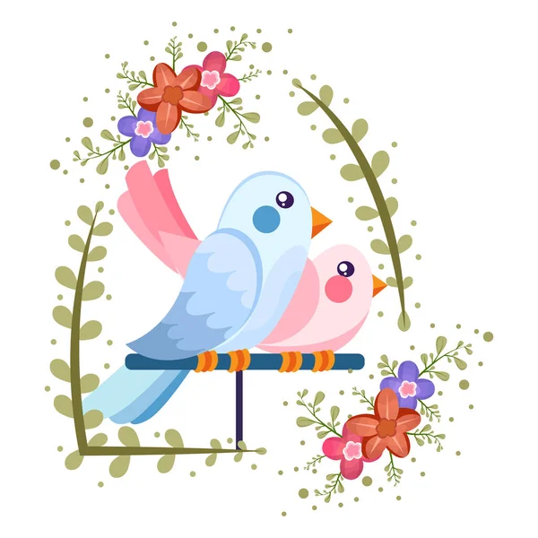 Aislados lindos pájaros enamorados Marco floral Vector — Vector de stock