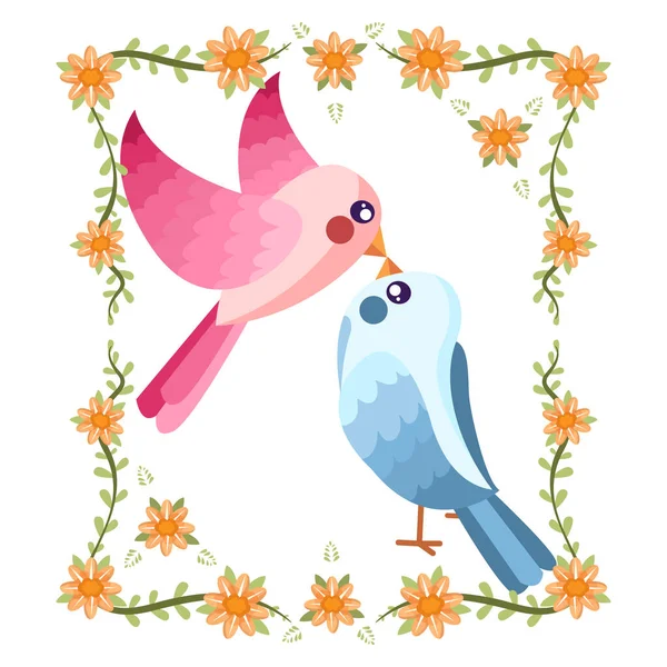 Isolated cute birds in love Floral frame Vector — Stock Vector