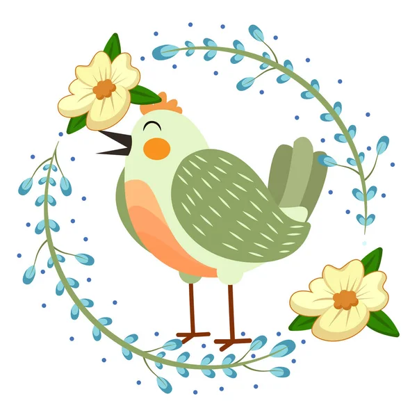 Geïsoleerde schattige vogel in een bloemkader Vector — Stockvector