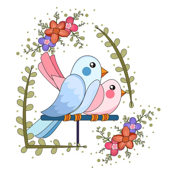 Geïsoleerde schattige vogels in liefde Bloemen frame Vector — Stockvector