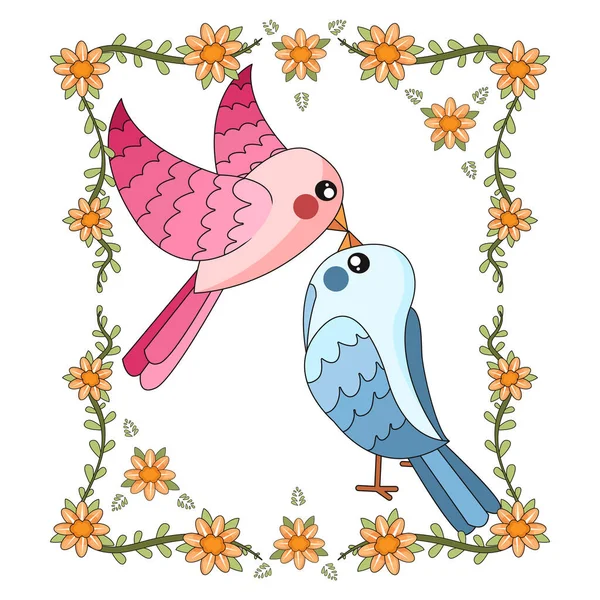 Isolado bonito aves no amor floral quadro vetor — Vetor de Stock