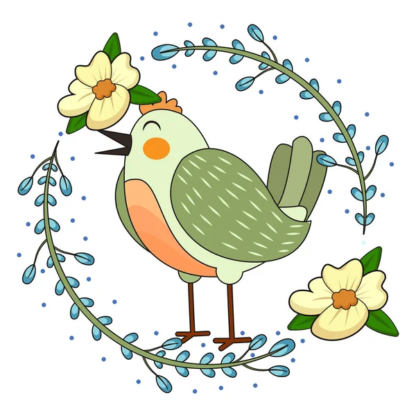 Aislado lindo pájaro en un marco floral Vector — Vector de stock