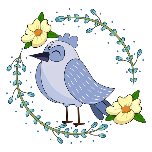 Aislado lindo pájaro en un marco floral Vector — Vector de stock