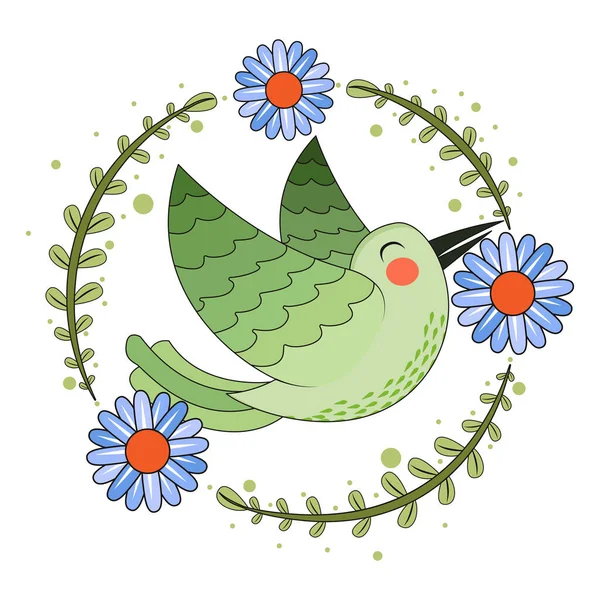 Aislado lindo pájaro en un marco floral Vector — Vector de stock