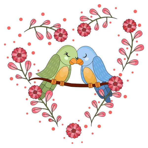 Geïsoleerde schattige vogels in liefde Bloemen frame Vector — Stockvector