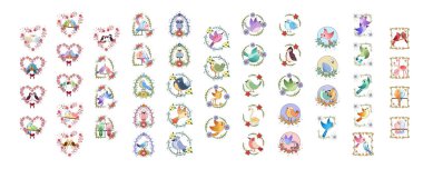 Çiçek çerçeveli şirin kuşlar kümesi Vektör