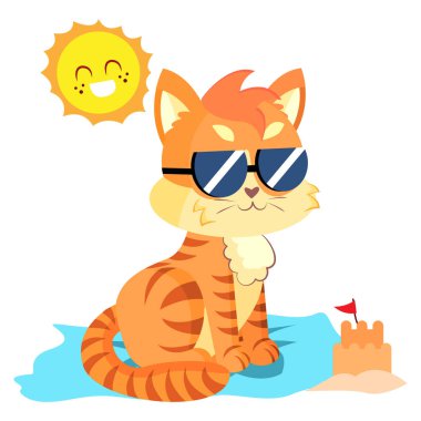 Güneş gözlüklü mutlu kedi. Vektör çizimi.