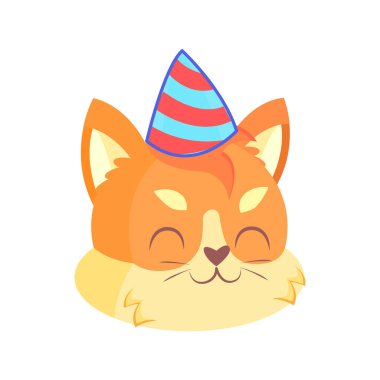 Mutlu, şirin kedi karakter avatarı ve doğum günü şapkası taşıyıcı illüstrasyonu.