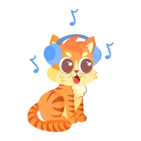 ヘッドフォンで音楽を聴く隔離された幸せな猫のキャラクターベクトルイラスト — ストックベクタ