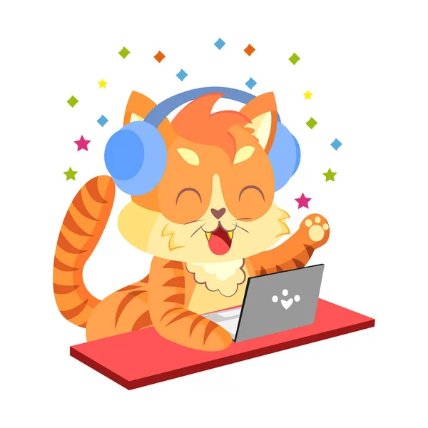 ラップトップで音楽を聴く隔離された幸せな猫 Vectorのイラスト — ストックベクタ