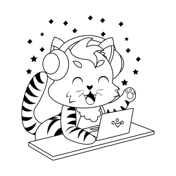 Gato Feliz Isolado Ouvindo Música Laptop Ilustração Vetorial — Vetor de Stock