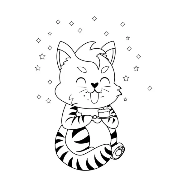 Isolierte Glückliche Süße Katze Charakter Mit Einem Geburtstagskuchen Vector Illustration — Stockvektor